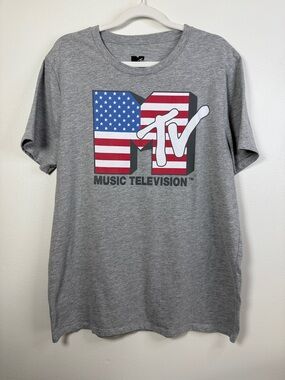 MTV Red, White, and Blue Flag Logo on Gray Graphic Tee